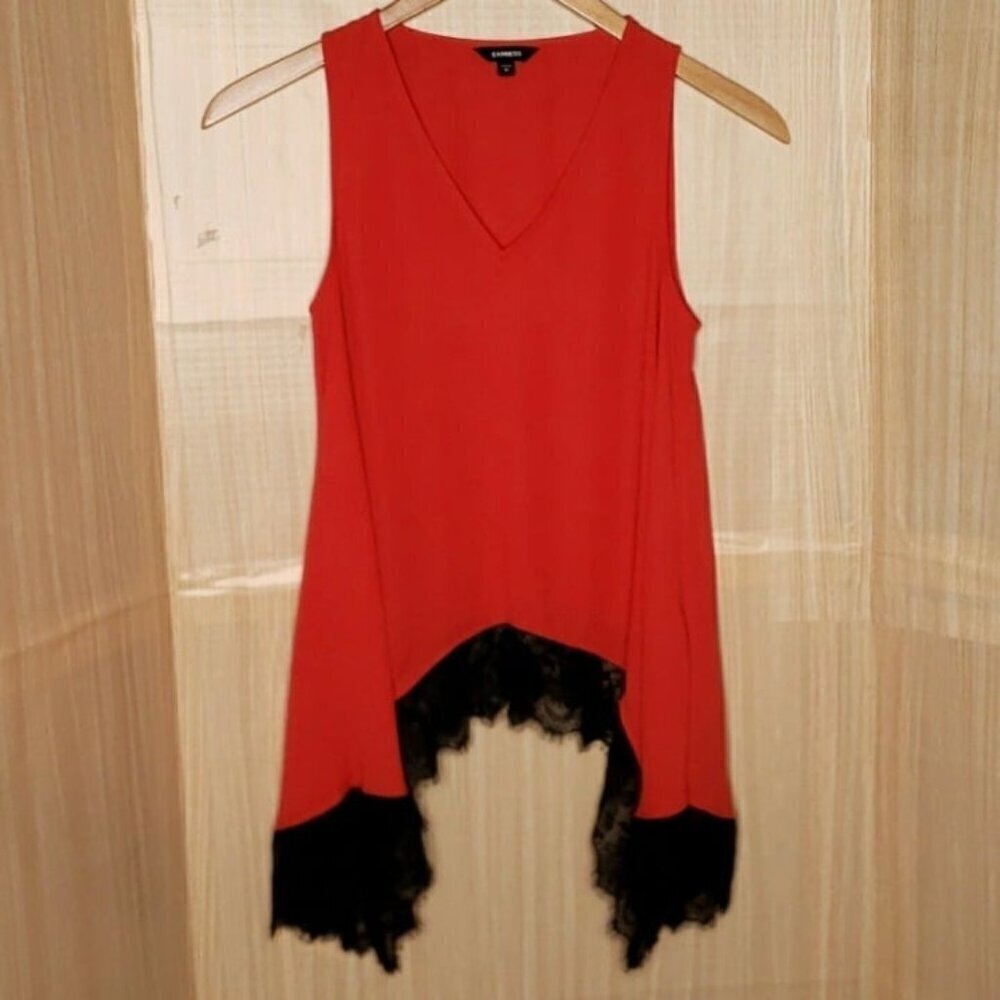Express Womens Red Sleeveless Asymmetrical Top With Black Lace Trim Small